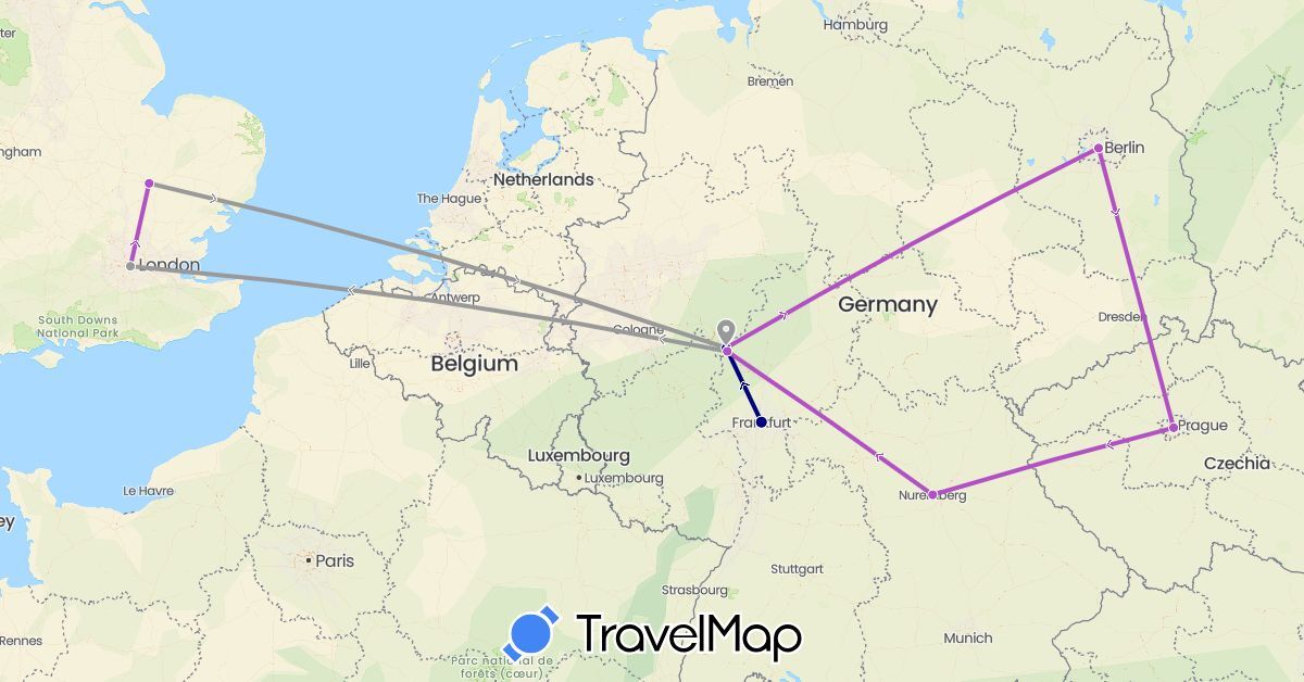 TravelMap itinerary: driving, plane, train in Czech Republic, Germany, United Kingdom (Europe)